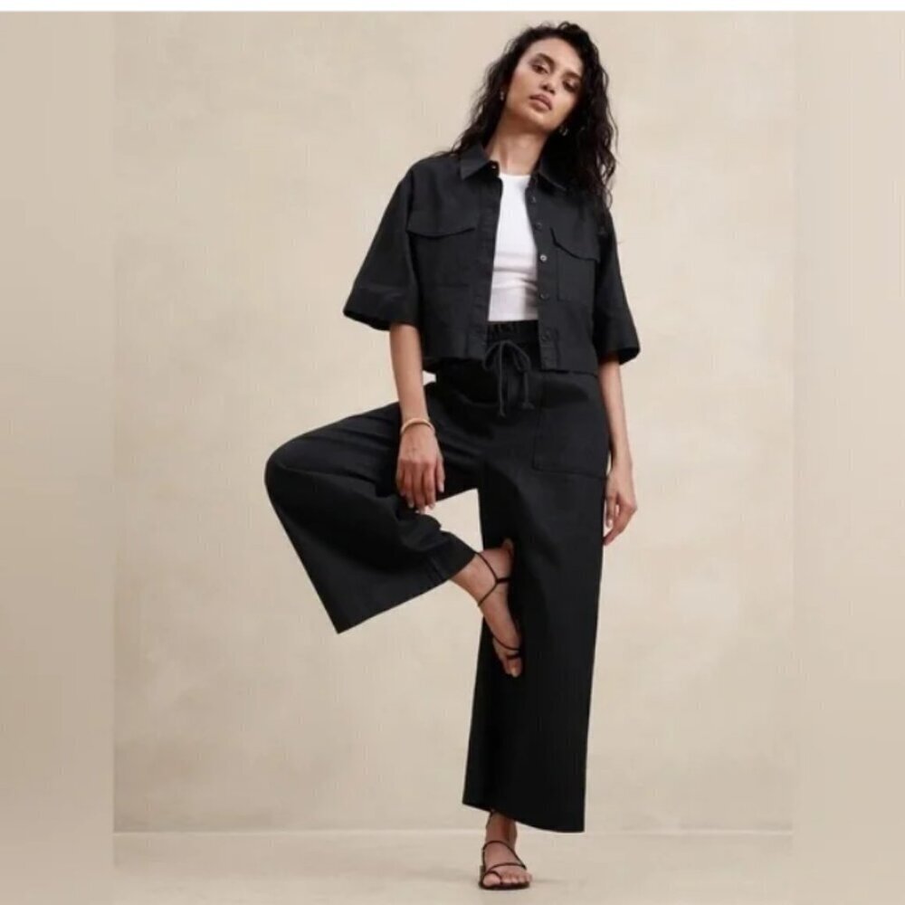 Banana Republic Black Hemp Cotton Blend Wide Leg Paperbag Pant